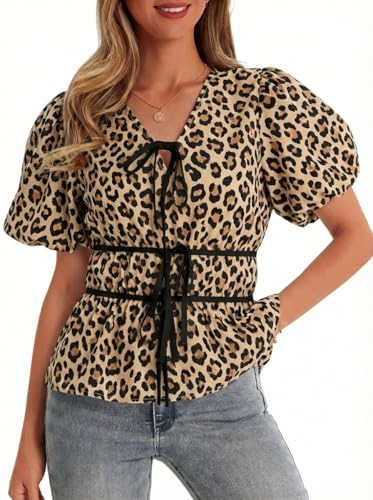Leopard Print Tie Front Peplum Top