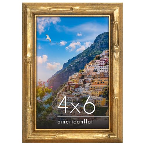 Americanflat 4x6 Picture Frame with Bamboo-Style Molding - Gold Bamboo Frame with Shatter-Resistant Glass - Elegant Gallery Style Frames for Tabletop or Wall Display - Gold