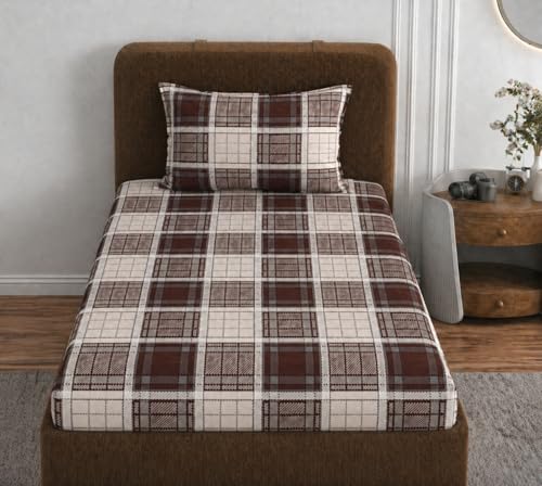 Image of VOMZER 310 TC Cotton Feel All Around Elastic Fitted Bedsheets Single Size, Premium Fitted Bedsheets Single Size for Single Bed with 1 Pillow Covers, Size- 72 inch x 36 inch (Coffee Check)