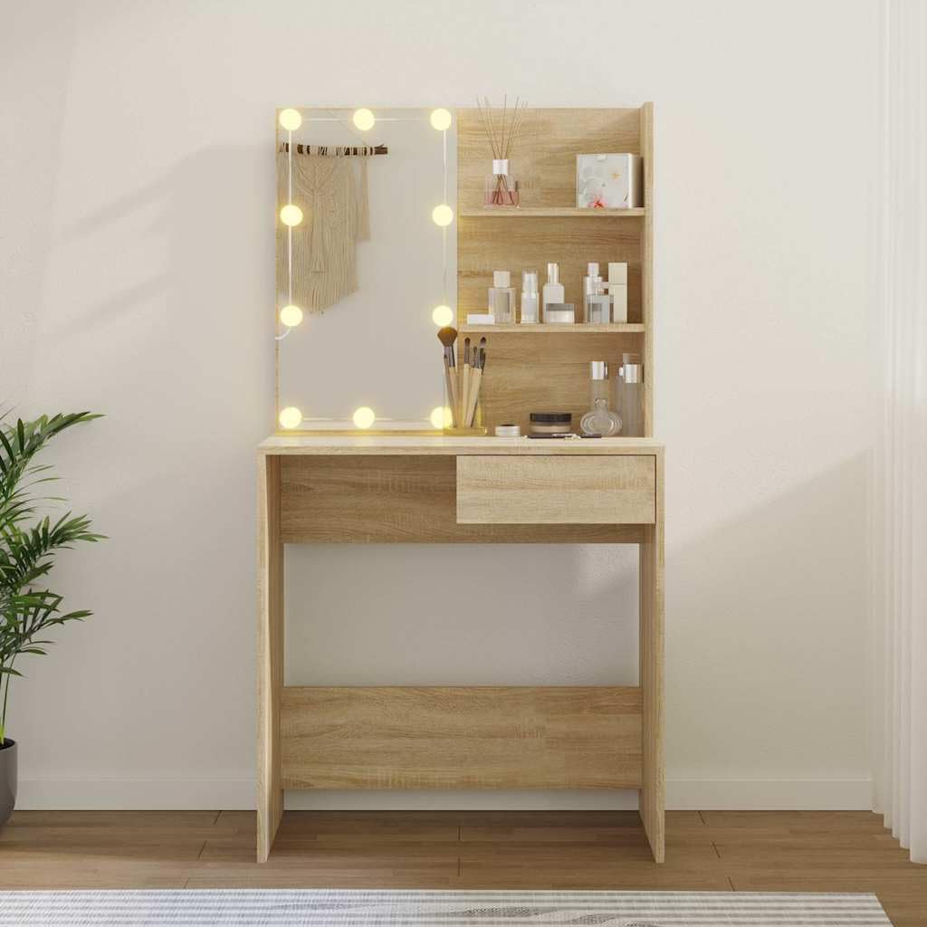 Toaletka z diodami LED dąb Sonoma 74,5 x 40 x 141 cm, materiał drewnopochodny z szufladą i półkami, toaletka z lustrem, oświetlenie LED, miejsce do przechowywania do sypialni i łazienki