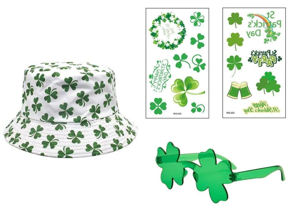 Set de disfraz para el Día de San Patricio: sombrero de pescador blanco con trébol reversible, 2 pegatinas irlandesas y gafas verdes de trébol, para fiestas y celebraciones