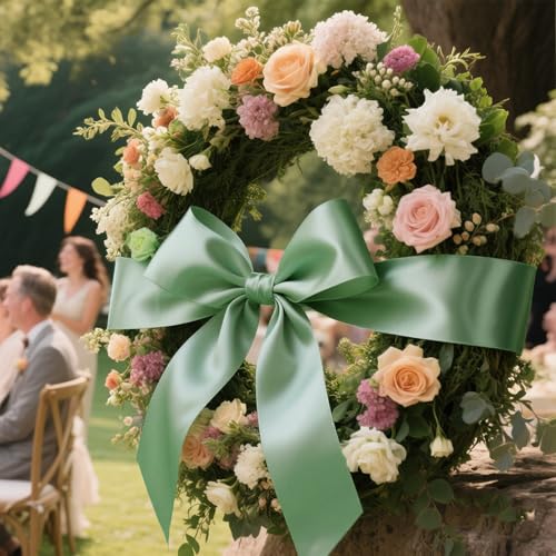 Image of Sage Green Satin Ribbon 4 inch X 15 Yards Polyester Ribbon for Gift Wrapping Very Suitable for Weddings Party Hair Bow Invitation Decorations and More