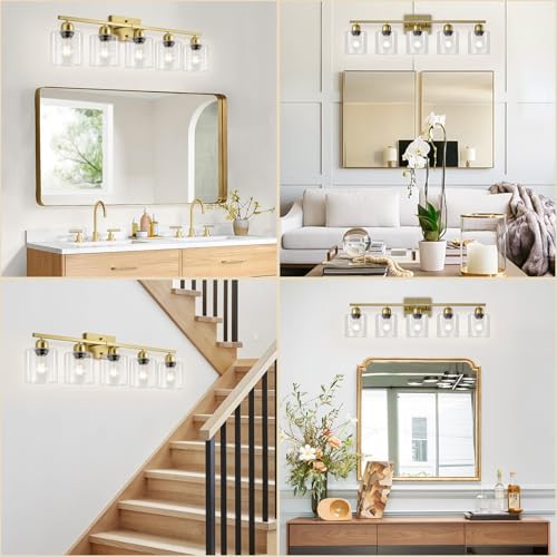 Image of Modern Brushed Gold 5 Light Bathroom Vanity Light,31 inch Vanity Lights for Bathroom with Clear Glass for Mirror Kitchen Living Room Hallway Cabinet Porch