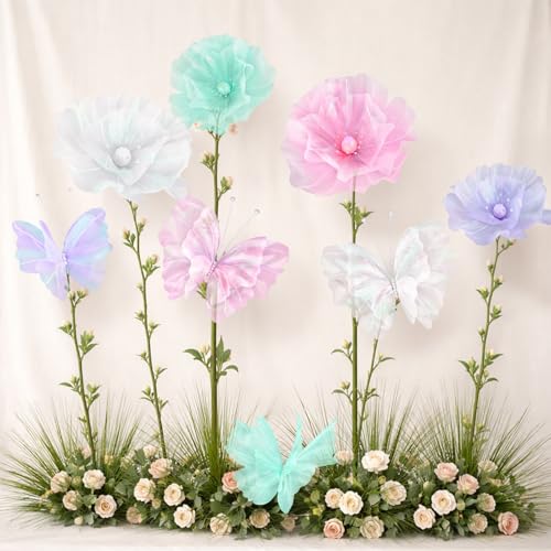 Image of Cinnvoice 8 Pcs Pastel Large Butterfly Flower Decorations 20 Inch 12 Inch 3D Giant Pastel Silk Butterfly Big Flower Mariposas Grandes para Decoracion for Wedding Backdrop Birthday Party