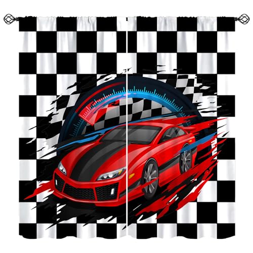 SHElifestyle Boys Race Car Window Curtains, Competition Extreme Sports Window Treatments for Kids Bedroom Construction Vehicles Black White Checkered Grid Drapes for Teens Men Bedroom W42 X L45