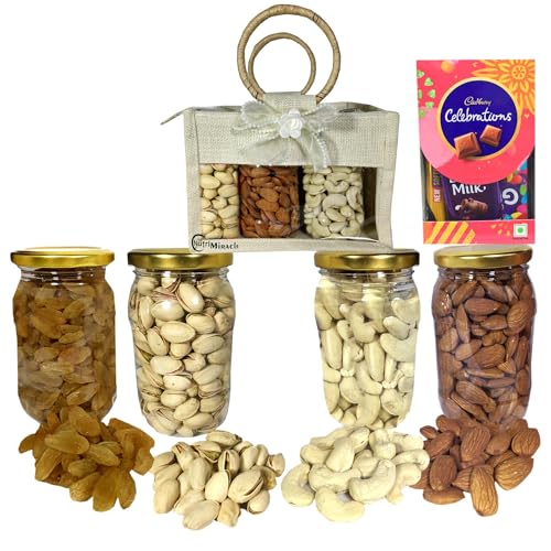 Image of NUTRI MIRACLE Raksha Bandhan Dry Fruits and Chocolate Gift Box with Jute Carry Bag | Rakhi Gift Hamper | Dry Fruits Gift