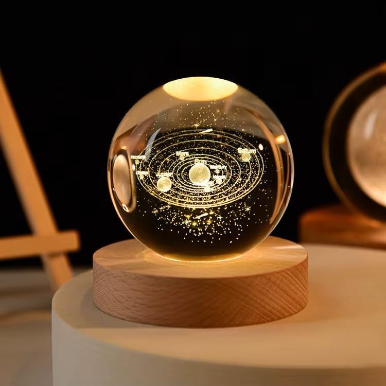 Image of Crystal Ball Lamp with Wooden LED Base | Engraved 3D Moon & Stars Night Light | USB Rechargeable Home Decor | Birthday Gift for Teens, Boys & Girls (3D Galaxy Style Lamp)