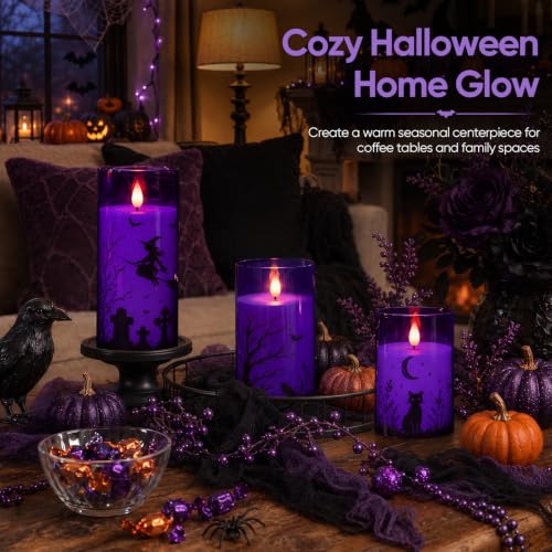 Image of Homemory Purple Halloween Flameless LED Candles with Remote Timer, Set of 3