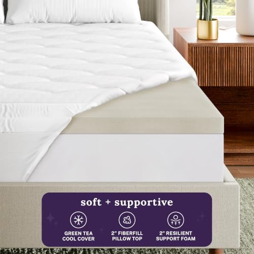 Image of Sleep Innovations 4 Inch Pillow Top & Support Foam Mattress Topper with Green Tea-Infused Cool-Touch Cover, California King, Medium Feel, Pressure Relief, for All Sleep Positions