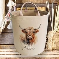 Personalised Bespoke Custom Name Highland Cow Large Felt Laundry Basket Bin Bag with Handles Storage Unit Tube Tub Unique Print Room Personalized Name Keepsake Gift Item Toy Cylinder Box Boxes