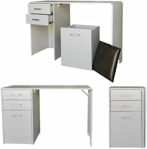Versa Drawer Desk with Ottoman Chair and Fold Out Table, Sleek, 2 Drawers, Ottoman Chair with smooth wheels, Perfect for Home Offices, Bedrooms or Small Spaces (White)