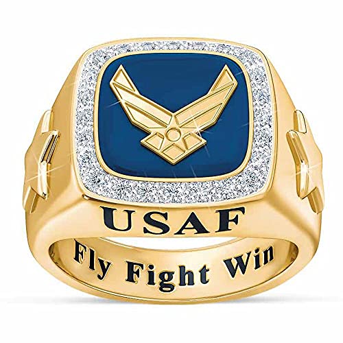 18K Yellow Gold Plated Antiqued United States Air Force Ring Engraved with Fly Fight Win Mens Fashion Eternity Engagement Wedding Band Ring ST.219 11