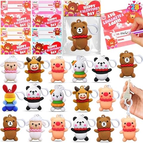 AMENON 28 Pack Valentines Day Gifts for Kids, 7 Styles Prefilled Animal Keychain Toy with Valentines Cards for Kids School Girls Boys Valentines Classroom Exchange Valentine Party Favor Supplies Cover