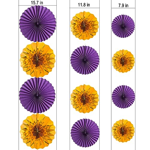 Image of MOWO Purple Gold Paper Fans Wall Decoration, 12pc | Background Ceiling Hanging Decoration, For Halloween Birthday Graduation, Theme Party Decoration