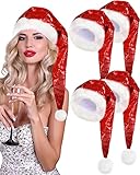 Geyoga 4 Pieces Christmas Santa Hats Xmas Shiny Sequin Santa Hats for Adults Long Christmas Cap Women Men Party Supplies(Red)