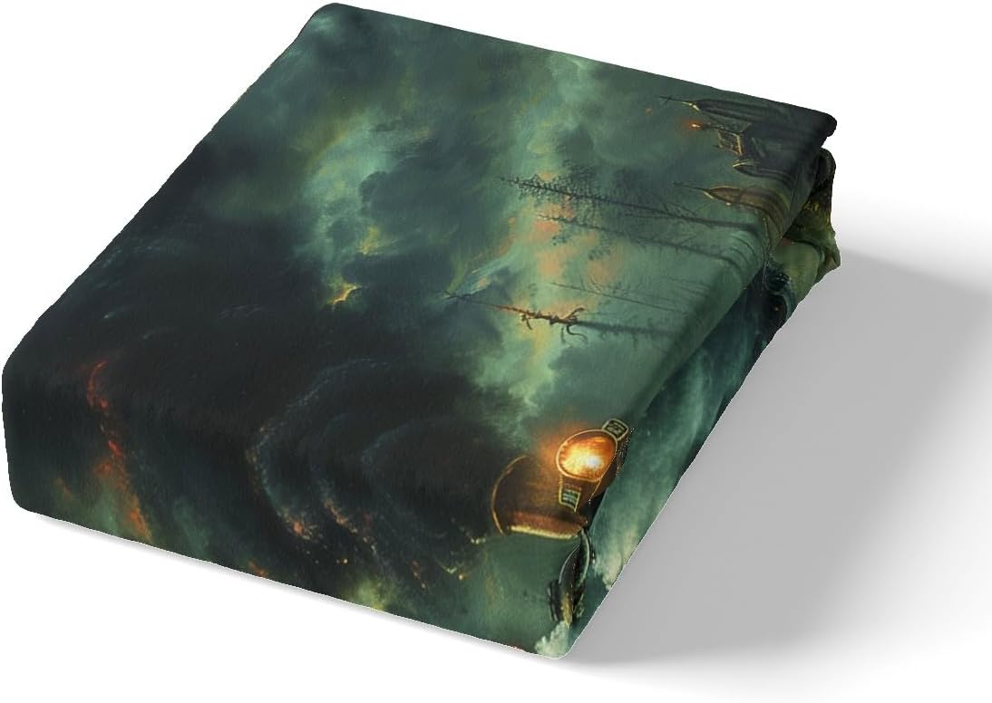 Retro Train Kids Fitted Sheet Full Size,Steam Locomotive Train Bedding Set,Boys Girls Room Decor,Trippy Castle Jungle Halloween Theme Bed Cover,Green Bed Sheet,2 Pillowcases