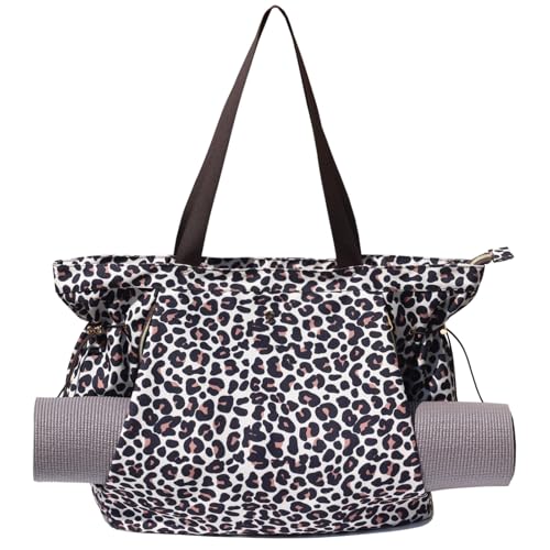 ESVAN Yoga Tote Bag for Women Drawstring Canvas Shoulder Bags for Workout Travel Carryall Pilates Gym and Beach (Coffee Leopard Print)