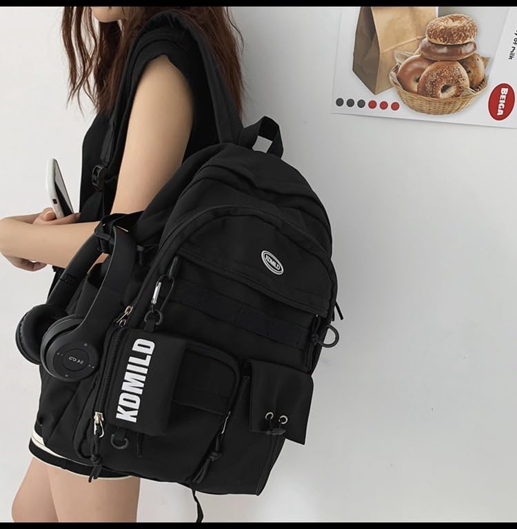 Miniatura 3 de Mochila de preparación 2026 con monedero, mochila japonesa Harajuku Y2k, mochila estética y genial para laptop de 15.6 pulgadas (negro, talla única)