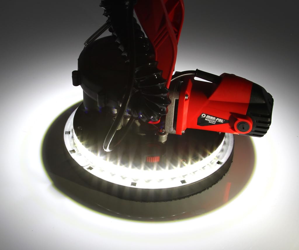 Levigatrice a Giraffa | con Luce LED | 0,75 kW | Regolazione di Velocità | 6 Dischi Ø22,5 cm | Grana P-80-P240 | Aspirazione della Polvere | Asta Regolabile 150-220 cm | per Cartongesso Muro