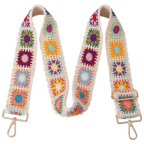 Image of Wide Purse straps Crochet Flower replacement crossbody for Handbag Adjustable Embroidery Knit Guitar Shoulder strap