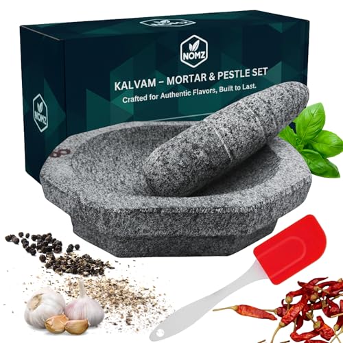 Image of NOMZ Kalvam Stone Mortar and Pestle Set with Anti-Slip Pad & Silicone Spatula - 2.8 kg Medium, 8 inch Block Shape - Khalbatta /Silbatta
