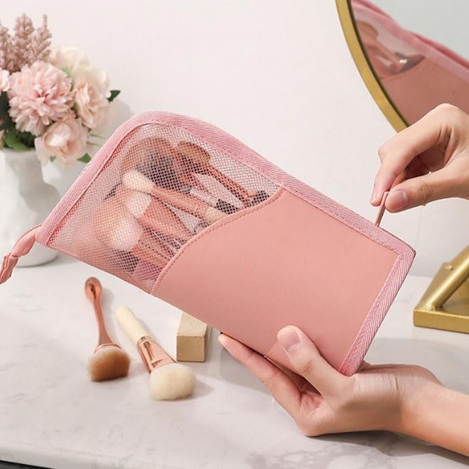 CHENGZI Stand-Up Makeup Brush Storage Organizer Bag, Waterproof Dust Free Travel Makeup Brush Holder (Pink) - Image 2