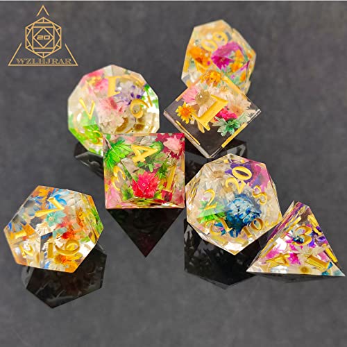 WZLHJRAR-DND-Dice-Set-7pcs-DD-Dungeons-and-Dragons-RPG-Polyhedron-with-Sharp-Edges-Resin-Dice-MTG-Pathfinder-Tabletop-Game-Collection-and-Gifts-D20-Black-Storage-Bag-Flower
