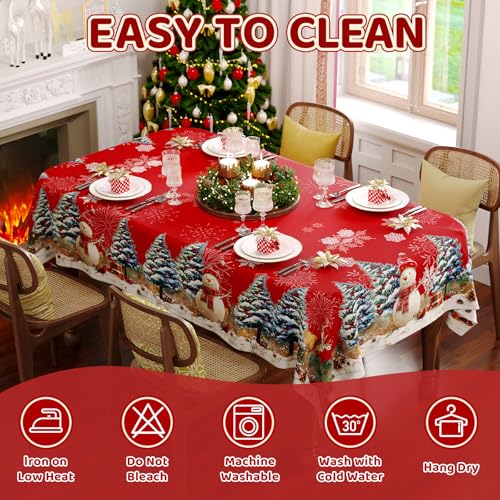 Christmas Tablecloth Rectangle 60x84 Inch, Red Snowman & Pine Tree Table Cloth, Winter Snow Scene Holiday Rectangular Table Cover, Waterproof and Washable Xmas Dining Room Decoration – Image 6