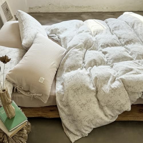 Image of VM VOUGEMARKET Beige Ink Bamboo Print Double Layer Cotton Duvet Cover Set Twin,Natural Crinkled Cotton Muslin Bedding Set,Vintage Oriental Botanical Comforter Cover with Bow Ties