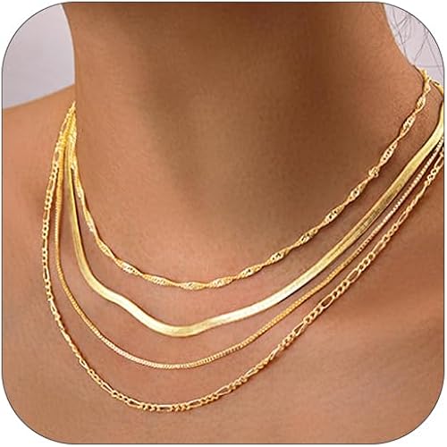14K Gold Plated Necklace for Women Wave Chain/herringbone necklace/Box Chain/Figaro Chain Necklace Set Jewelry Gift Tarnish free Waterproof