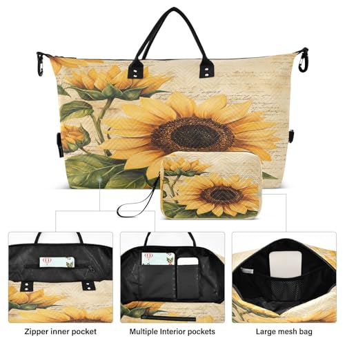 Retro Sunflower Travel Duffel Bag Large Capacity Weekender Bag with Toiletry Bag Detachable Shoulder Strap Travel Tote Bag for Women2