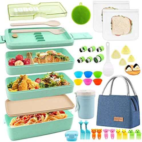 Meltset M 35Pcs Bento Box Japanese Lunch Box Kit Leakproof Bento Lunch Box for Kids Adults Wheat Straw 3 Layer Stackable Lunch Containers with Compartment Eco-Friendly Meal Prep Containers (Green)
