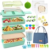 Meltset M 35Pcs Japanese Bento Box for Adults&Kids Lunch Box Kit Leakproof Wheat Straw Eco-Friendly 3 Compartment Stackable Lunch Box with Containers (Green)