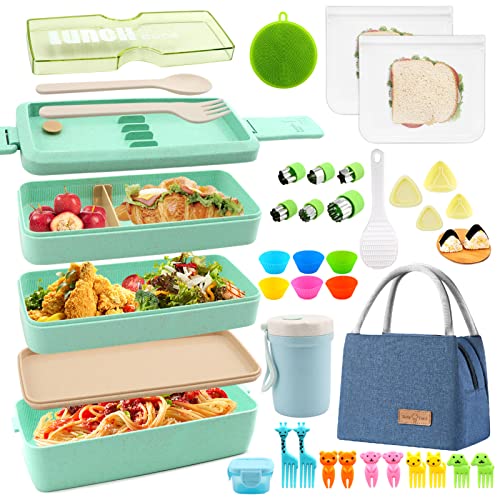 Meltset M 35Pcs Bento Box Japanese Lunch Box Kit Leakproof Bento Lunch Box For Kids Adults Wheat Straw 3 Layer Stackable Lunch Containers With Compartment Eco-Friendly Meal Prep Containers (Green) #TOP12
