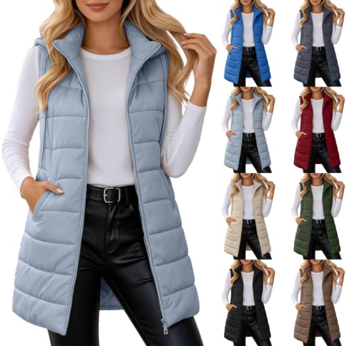 GOSEAGOTOFUN Long Puffer Vest Women Zip Up Hooded Vest Lightweight Sleeveless Puffer Jackets Winter Casual Warm Outerwear Silver Small - image 1