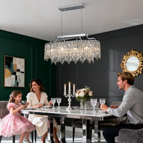 Image of 32 inch 10 Light Oval Chrome Crystal Chandeliers for Dining Room