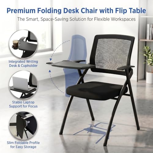 Image of 20 PackFolding Training Chair with Tablet Arm & Cup Holder, Commercial Grade Conference Room Chairs with Writing Board, Space Saving Foldable Classroom Chairs for Seminar, School, Church black