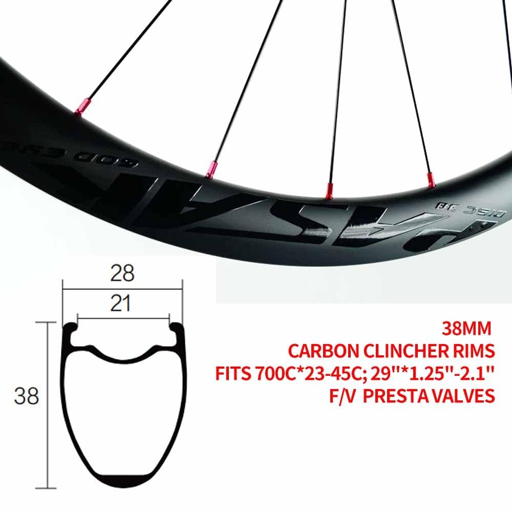 Juego De Ruedas para Bici De Carretera 700C Llantas Clincher De Carbono 38mm, Neumáticos 23-45C, Eje Pasante con Center Lock F15*100/12 * 100mm R12*142mm, 7-12 Velocidades