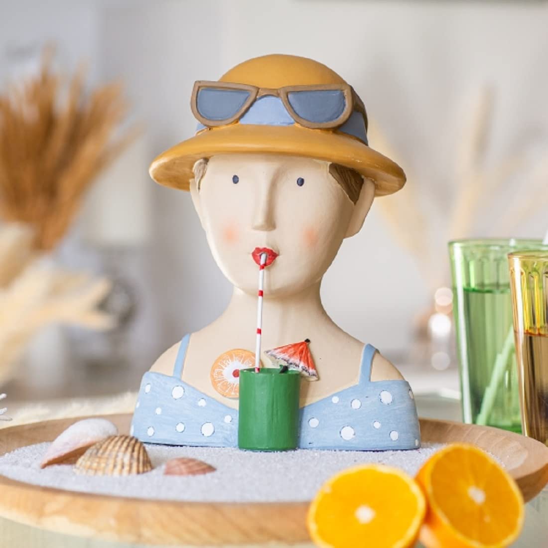 ETC Baden Import Ladykopf Dekokopf Dekobüste Dame mit Sonnenhut und Sommercocktail