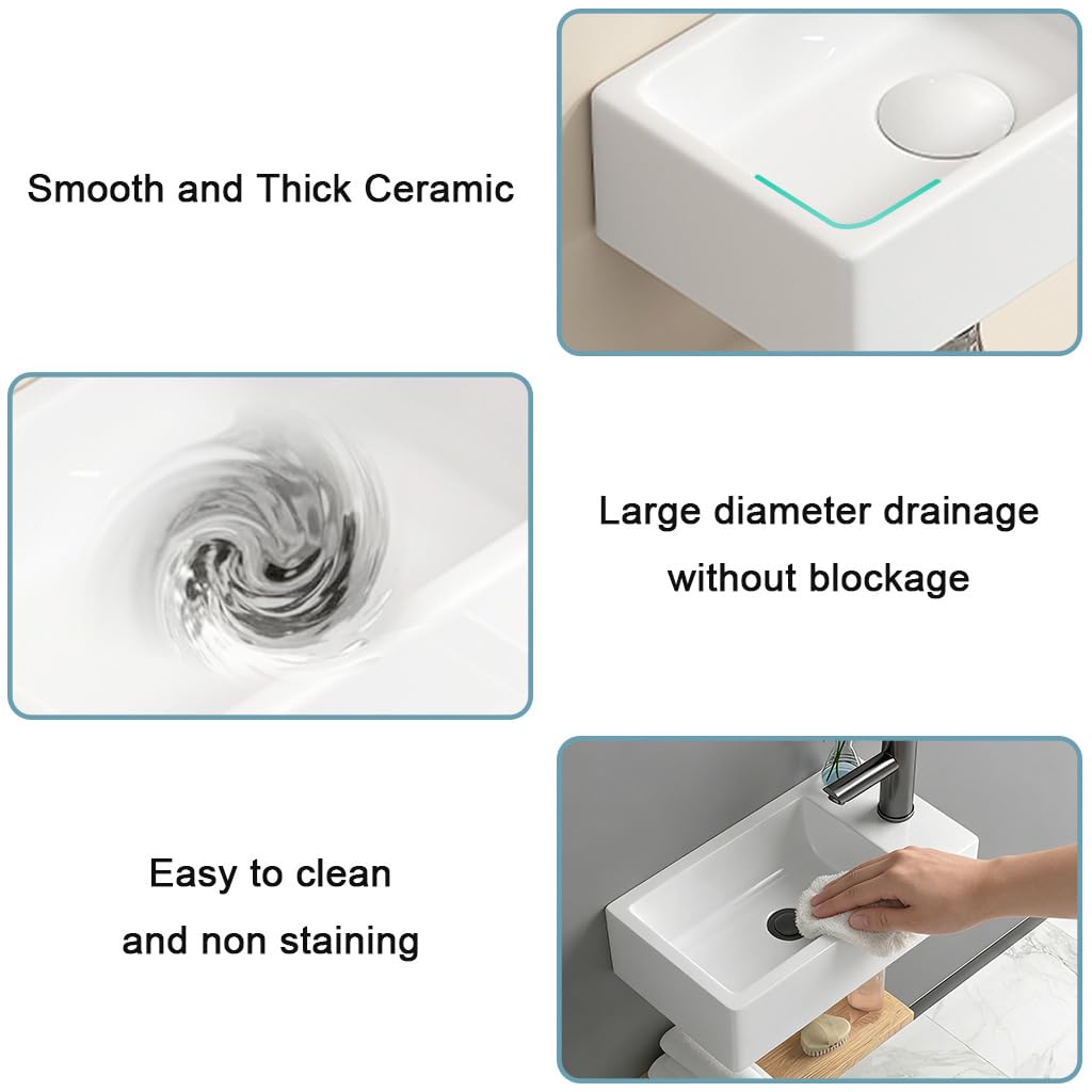 Fregadero de pared de cerámica blanca para baño pequeño, fregadero flotante rectangular de 14 x 7 pulgadas, fregadero moderno para colgar en la pared