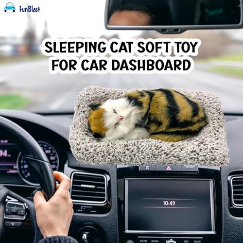 Image of FunBlast Cute Sleeping Cat Plush Toy with Meow Sound, Gift for Kids, Toy Accessories for Car Dashboard (Brown+Black)