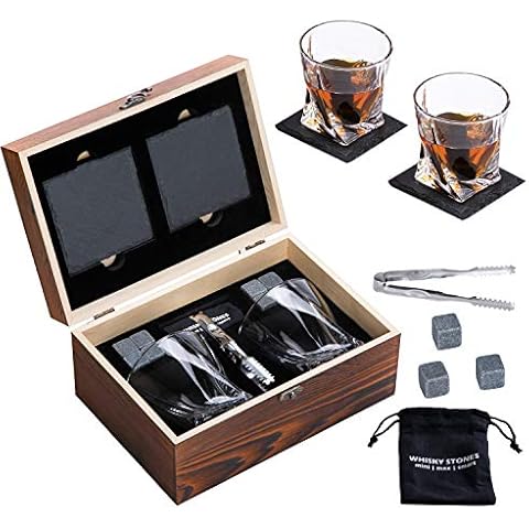 Whiskey Stones and Glasses Gift Set for Men - 8 Whisky Scotch Bourbon Chilling Stones, 2 Twist Whiskey Glasses in Wooden Box - Christmas/Father's Day/Birthday Gift/Present for Father Dad Boyfriend Cover