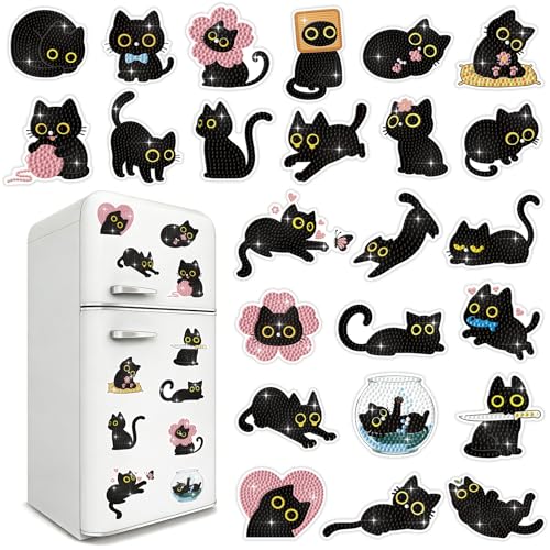 24 Pcs Diamond Art Kits for Kids Teens Adults Fridge Magnets Diamond Painting Kits Cat Dimond Art Paintings Gem Art Refrigerator Magnets Arts and Crafts for Kids DIY Crafts Gifts Home Decors