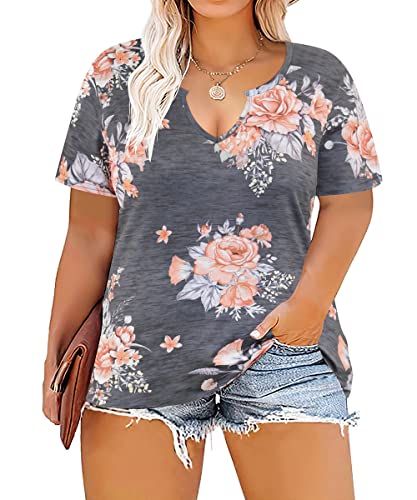 Ritera Women's Plus Size Tops Grey Floral Print Shirt 3X Basic Teess Casual Loose T-Shirts Summer Short Sleeve V Neck Trendy Tunicss Shirt 3Xl 22W 24W #TOP27