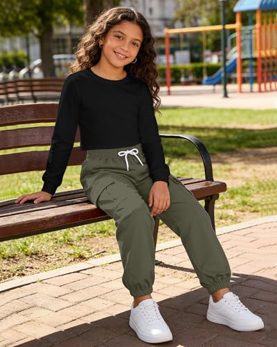 Image of Betusline Girls Fall Winter Clothing Sets, Long Sleeve Crop Top & Cargo Jogger Pants 2 Piece Outfit Sets,4T-14Y