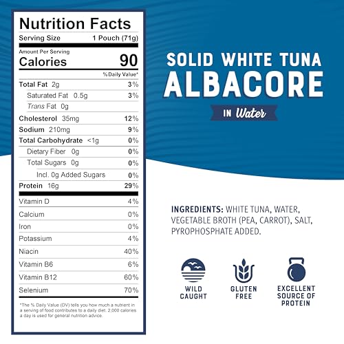 Image of Bumble Bee Solid White Albacore Tuna in Water, 2.5 oz Pouch - Wild Caught Tuna - 16g Protein per Serving, High in Omega-3s - Non-GMO, Gluten Free, Kosher - No Draining Required (Pack of 6)