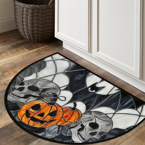 Image of cfpolar Half Round Door Mat Halloween Skull Pumpkin Bat Non-Slip Semi Circle Area Rug Washable Half Moon Hearth Rugs for Indoor Outdoor Bathroom Kitchen Patio Runner Mat Laundry Room Home Decoration