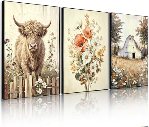 Image of Frimeeme Wildflower Farmhouse Poster Set of 3, 12x16 Inch | Highland Cow Wall Art,Unframed Prints