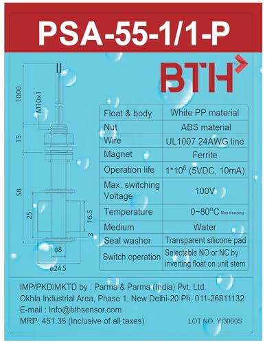 Image of Magnetic Float Level Sensor For Water | BTH PSA-55-1 /1-P | Reversible NO-NC