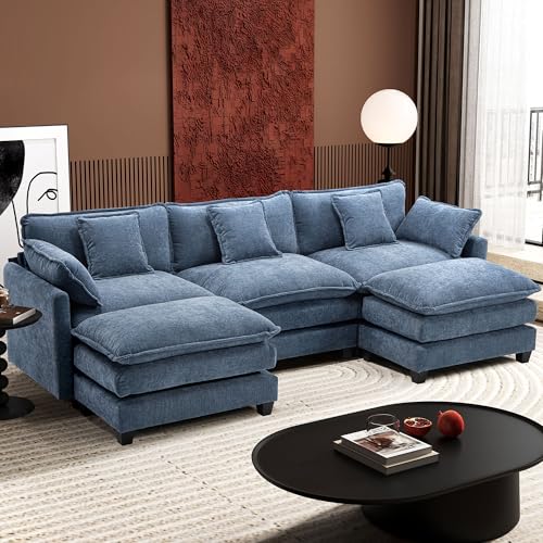 Image of Ihanherry 111.4 inch U Shaped Modern Sofa Modular Sectional Cloud Couch with 2 Ottoman, 5-Seat Chenille Deep Seat Sofa with Pillow for Living Room, Bedroom and Apartment, Blue